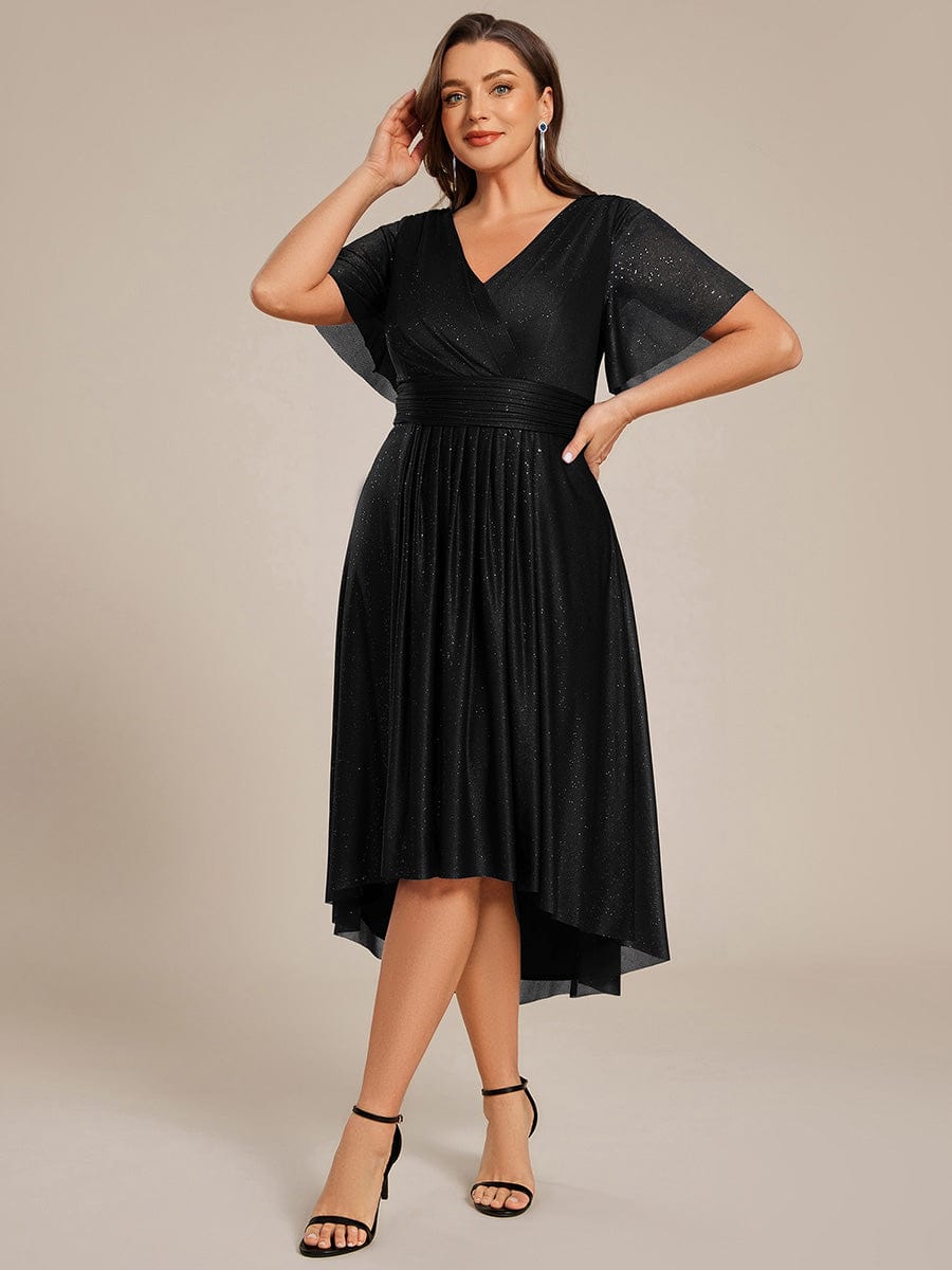 Robe D'invité De Mariage En Mousseline De Soie Mi-Longue Plissée à Manches à Volants Et Col En V  #Couleur_Noir