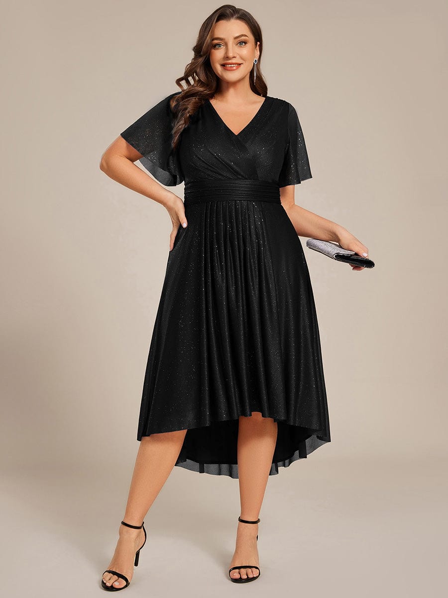 Robe D'invité De Mariage En Mousseline De Soie Mi-Longue Plissée à Manches à Volants Et Col En V  #Couleur_Noir