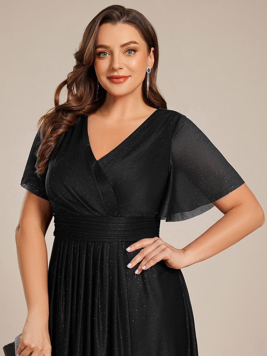 Robe D'invité De Mariage En Mousseline De Soie Mi-Longue Plissée à Manches à Volants Et Col En V  #Couleur_Noir