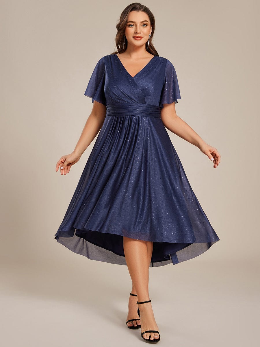 Robe D'invité De Mariage En Mousseline De Soie Mi-Longue Plissée à Manches à Volants Et Col En V  #Couleur_Bleu Marine