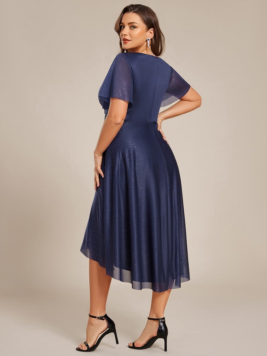 Robe D'invité De Mariage En Mousseline De Soie Mi-Longue Plissée à Manches à Volants Et Col En V  #Couleur_Bleu Marine