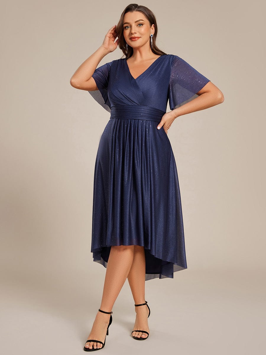 Robe D'invité De Mariage En Mousseline De Soie Mi-Longue Plissée à Manches à Volants Et Col En V  #Couleur_Bleu Marine