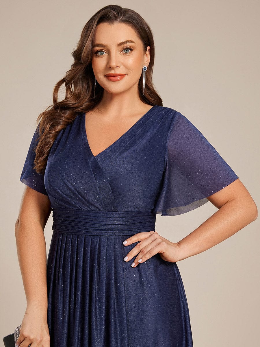 Robe D'invité De Mariage En Mousseline De Soie Mi-Longue Plissée à Manches à Volants Et Col En V  #Couleur_Bleu Marine
