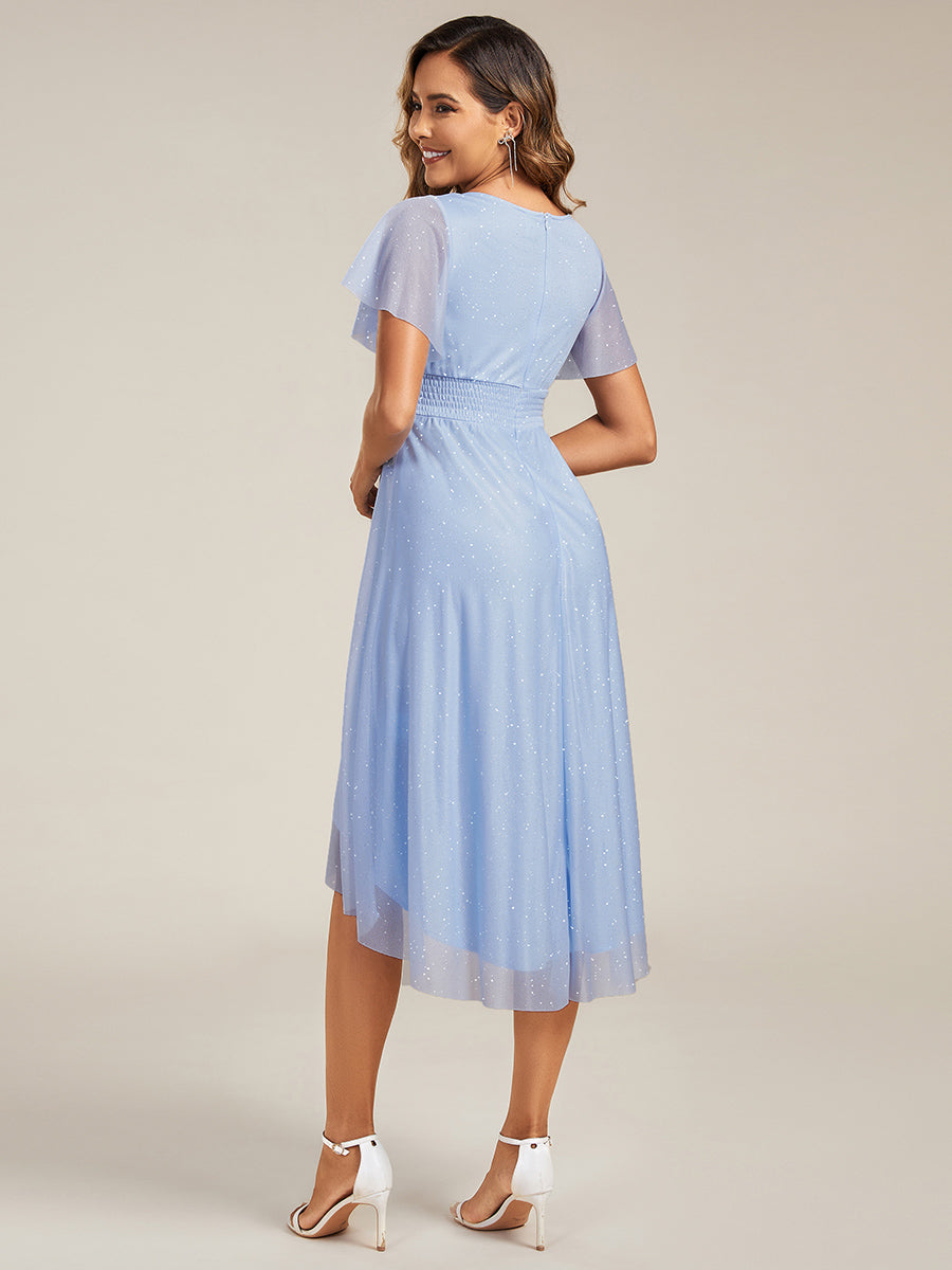 Robe d'invitée de mariage mi-longue à col rond et paillettes #Couleur_Bleu Glace