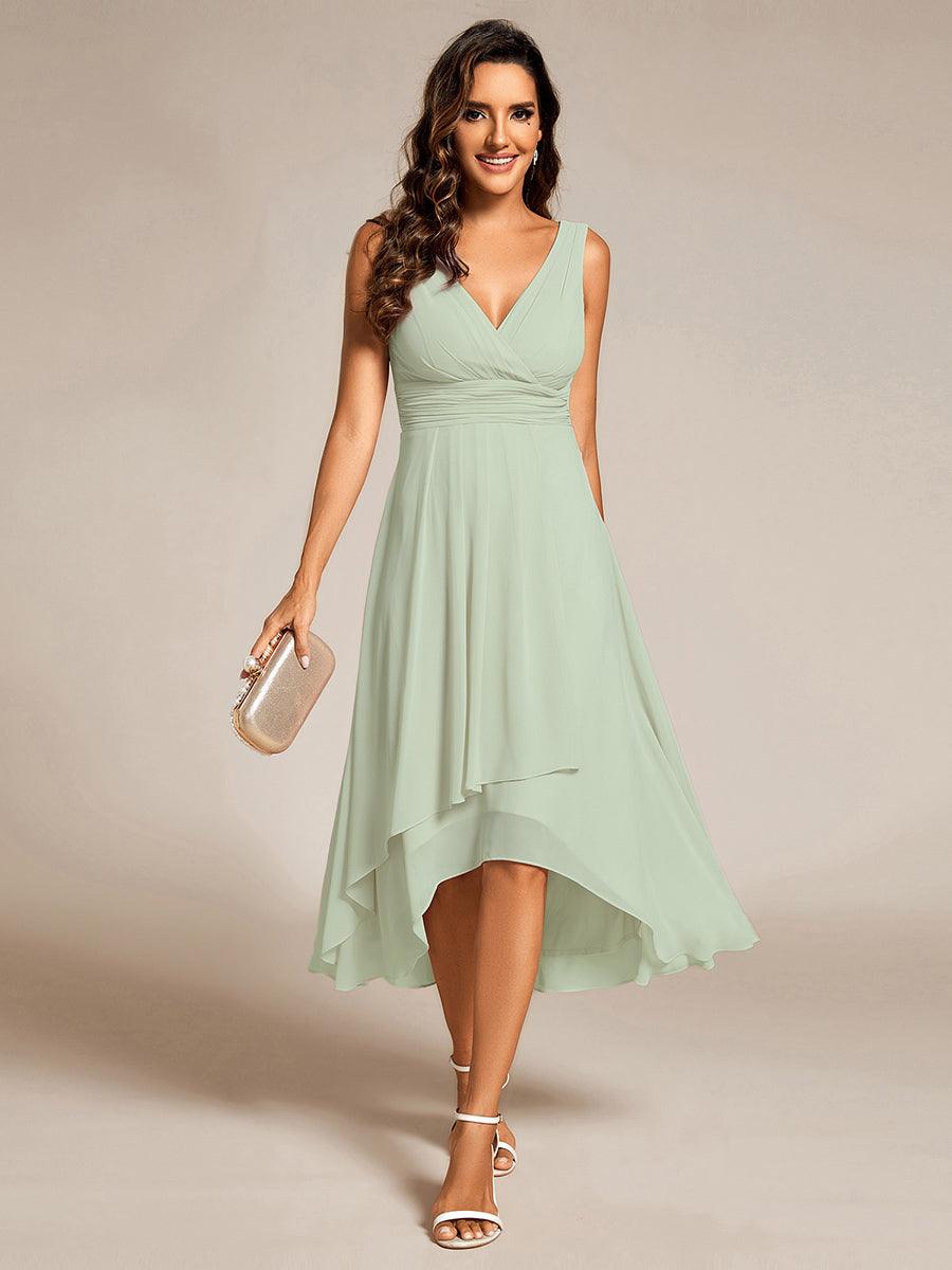 Robe d'invité de mariage élégante en mousseline de soie plissée sans manches à col en V #Couleur_Menthe Verte