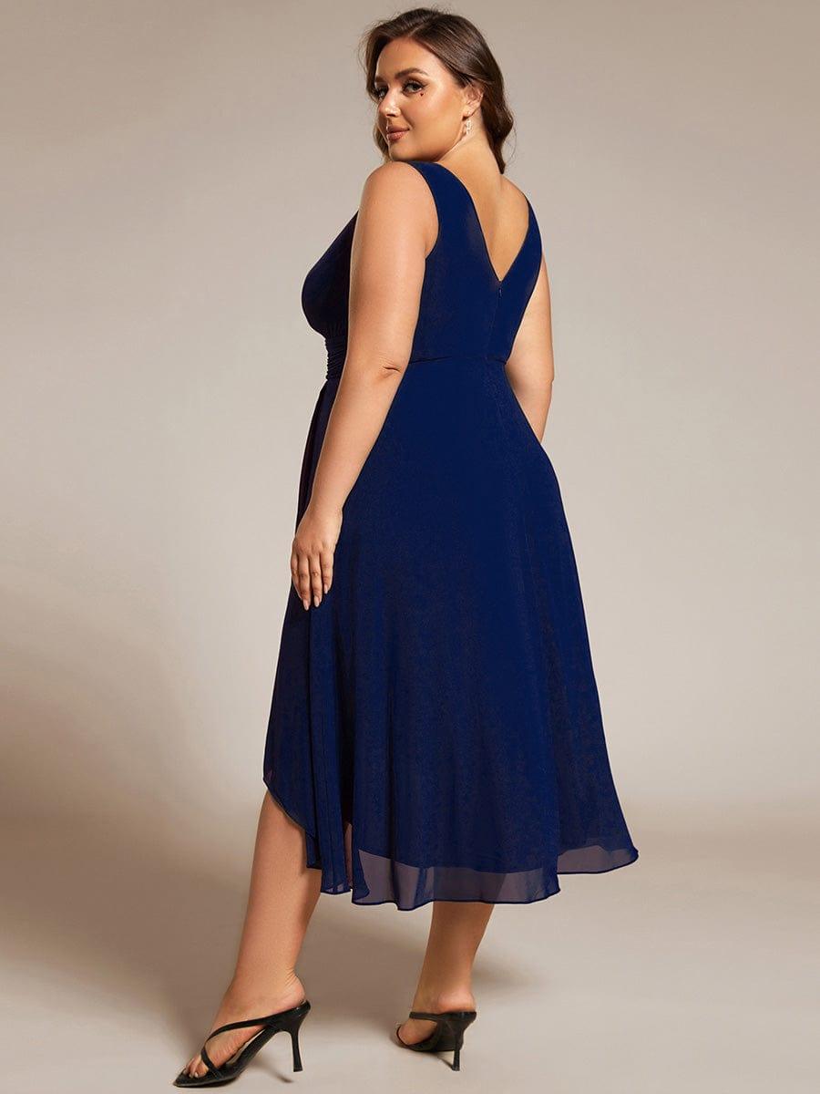 Robe d'invité de mariage élégante en mousseline de soie plissée sans manches à col en V #Couleur_Bleu Marine