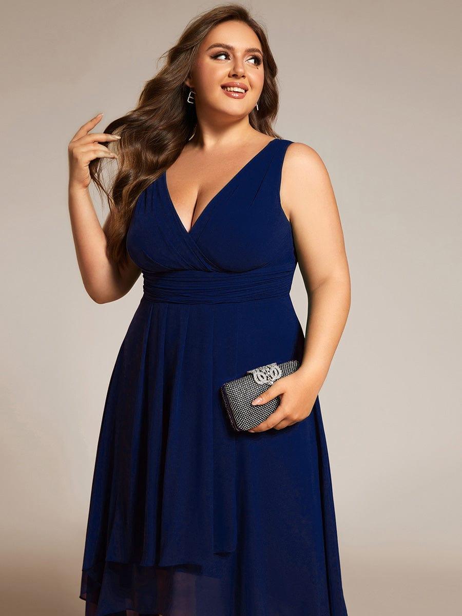 Robe d'invité de mariage élégante en mousseline de soie plissée sans manches à col en V #Couleur_Bleu Marine