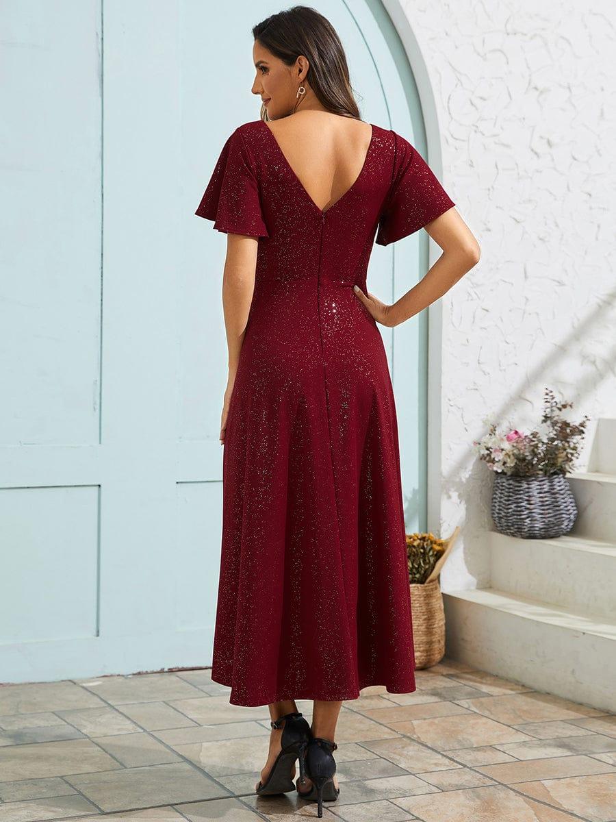 Robe d'invité de mariage à paillettes col en V manches à volants #Couleur_Bordeaux