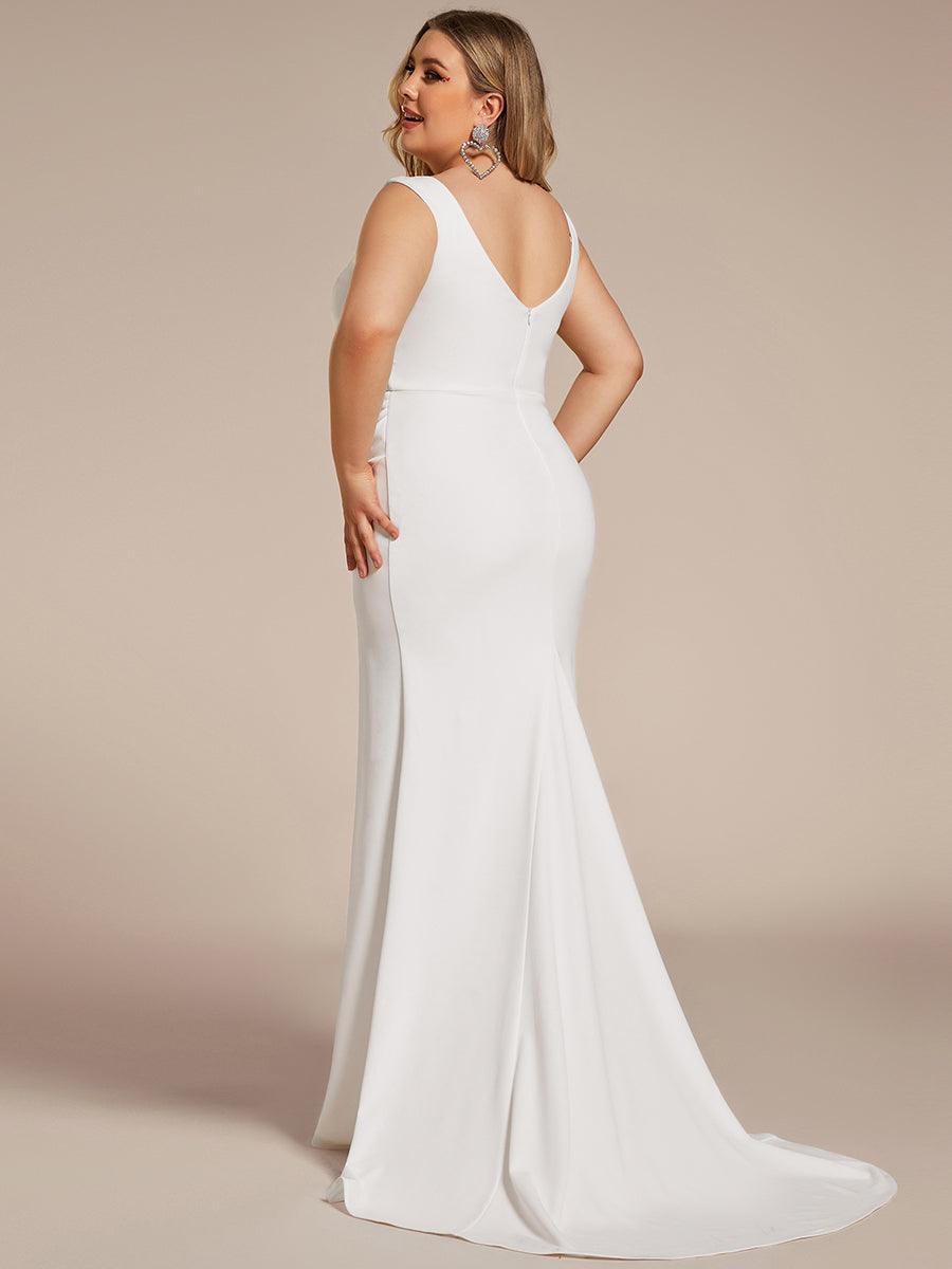 Robe de Mariée Simple Col en V Profond Grande Taille Sans Manches #Couleur_White