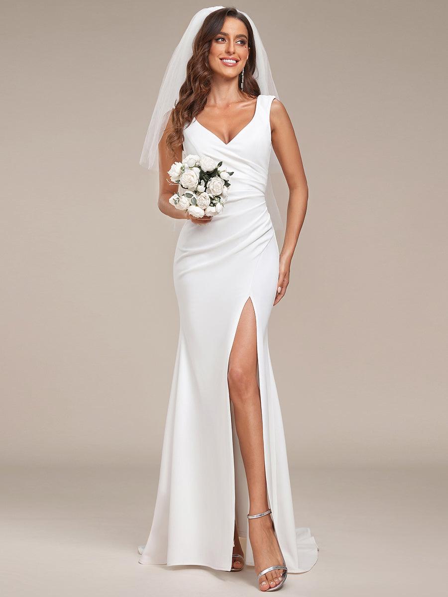 Robe de mariée ajustée et évasée en cœur froncée sans manches #Couleur_Blanc