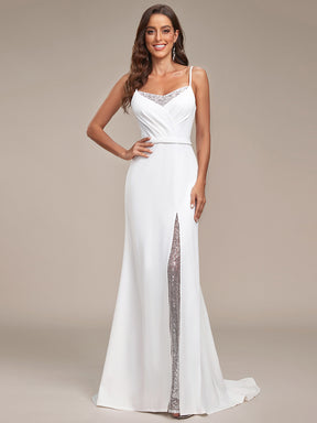 Robe de mariée fendue sur le devant en dentelle à col en V