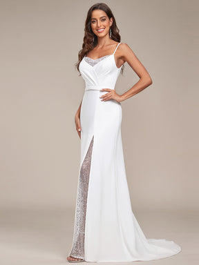 Robe de mariée fendue sur le devant en dentelle à col en V