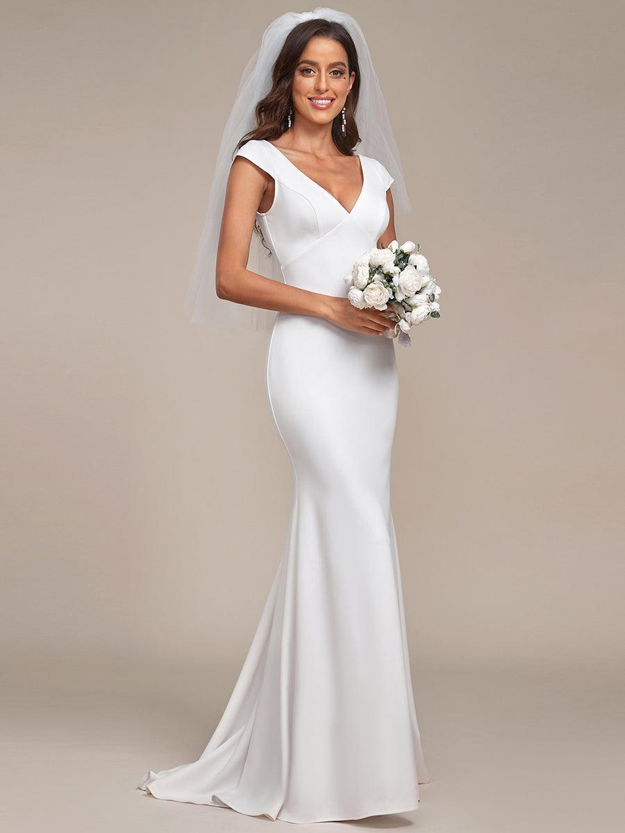 Bonnet Robe de mariée dos nu en dentelle à manches en V #Couleur_Blanc