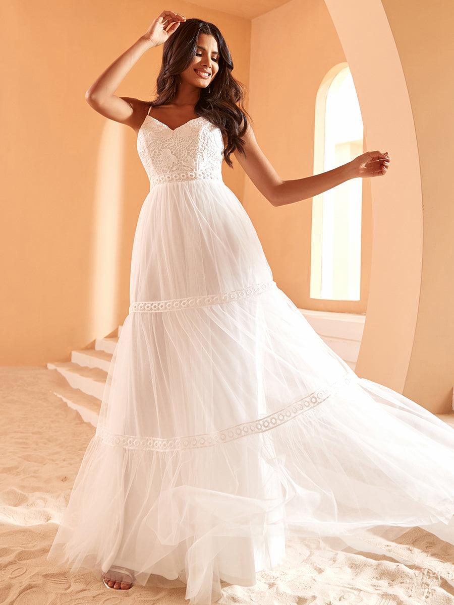 Robe de Mariée Romantique Dentelle Broderie Trapèze Tulle #Couleur_Blanc