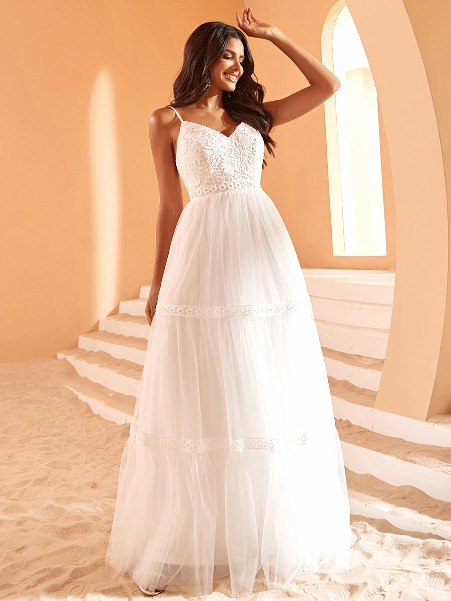 Robe de Mariée Romantique Dentelle Broderie Trapèze Tulle #Couleur_Blanc