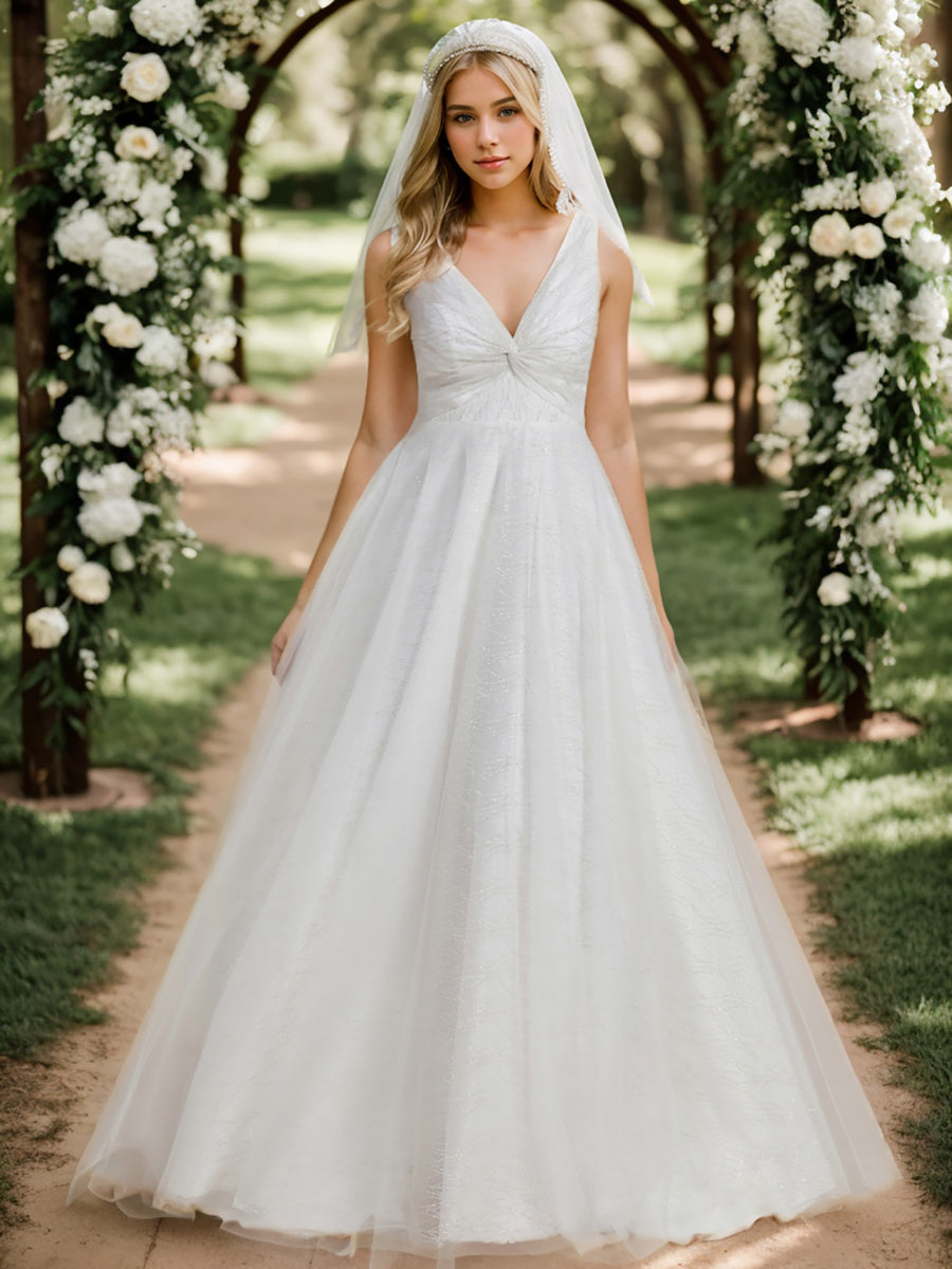 Robe de mariée trapèze classique en tulle plissé pailleté à double col en V avec tra?ne#Couleur_Blanc