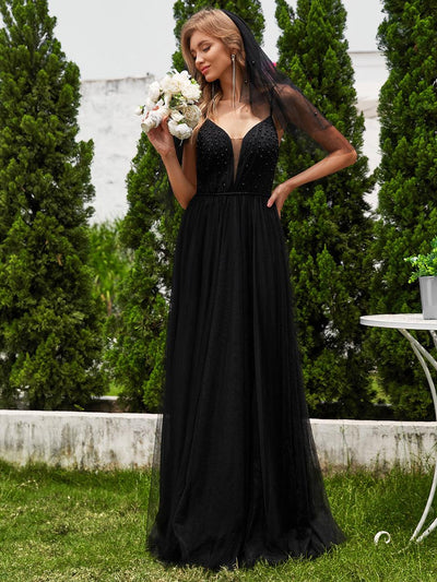 Robes de mariée trapèze à col en V et bretelles spaghetti, embellissements de perles (Vente finale)