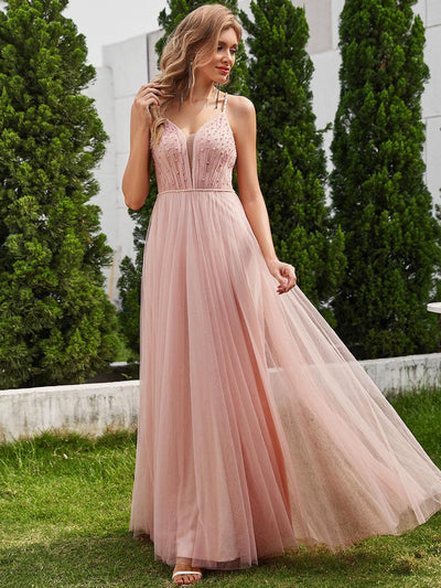 Robes de mariée trapèze à col en V et bretelles spaghetti, embellissements de perles