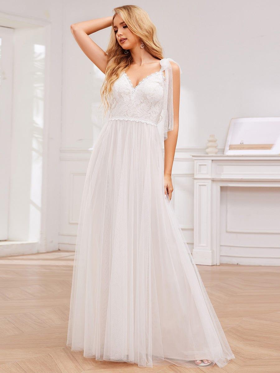 Robe de mariée romantique en dentelle et tulle avec épaules nouées #Couleur_Ivoire