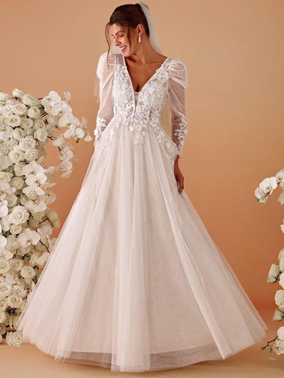 GENOVA’S BRIDE|Robe de mariée transparente à col en V et manches gigot