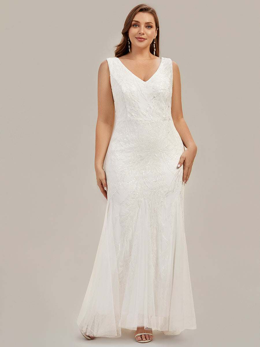Robe sirène sans bretelles col en V haute élasticité bas asymétrique à sequins avec patchwork floral #Couleur_Blanc