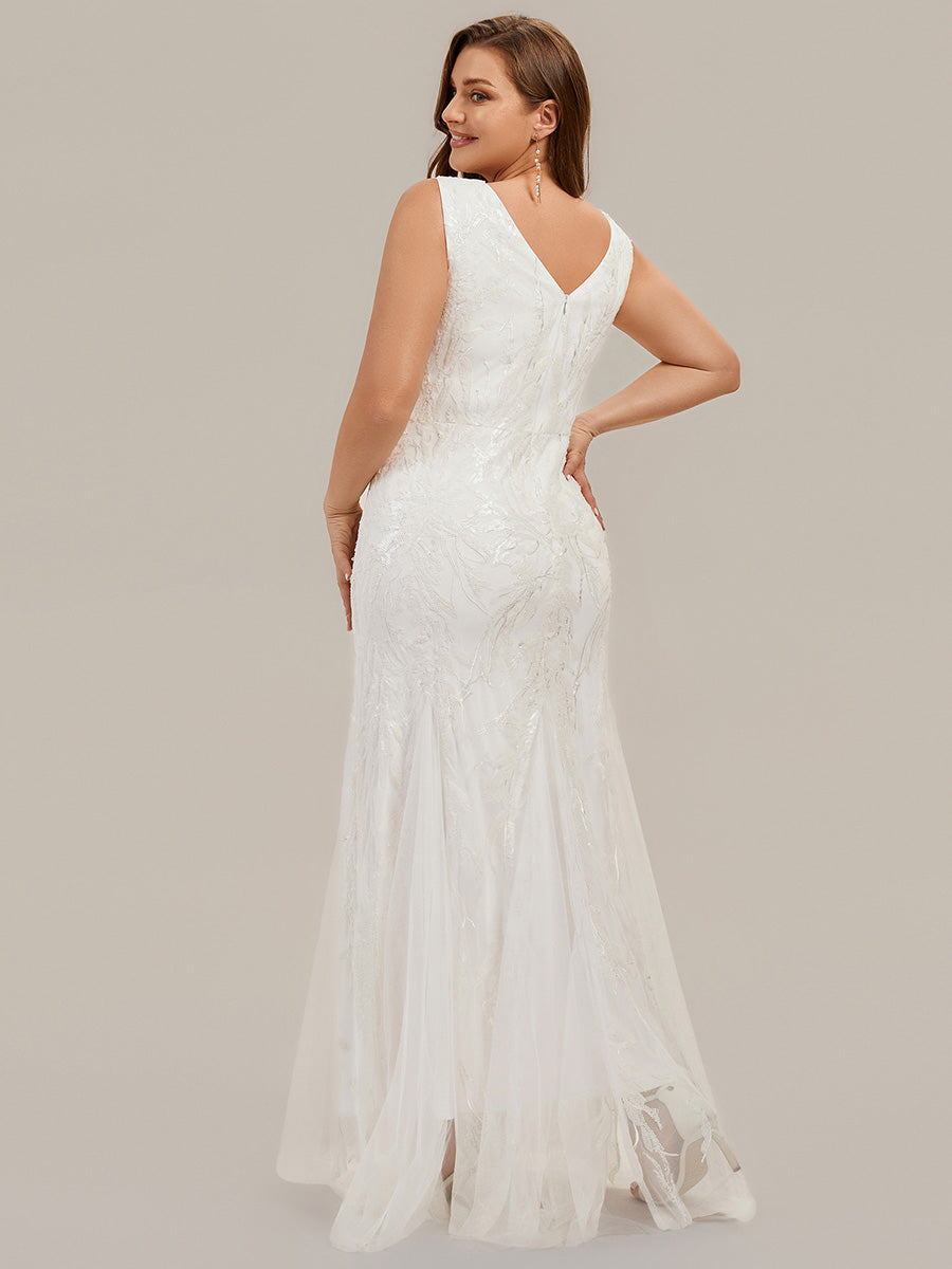 Robe sirène sans bretelles col en V haute élasticité bas asymétrique à sequins avec patchwork floral #Couleur_Blanc