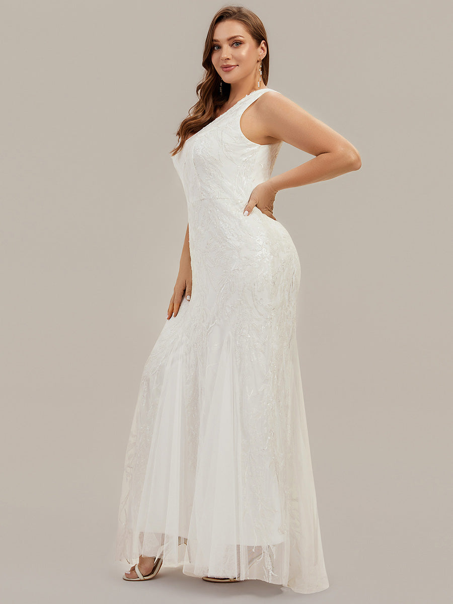 Robe sirène sans bretelles col en V haute élasticité bas asymétrique à sequins avec patchwork floral #Couleur_Blanc