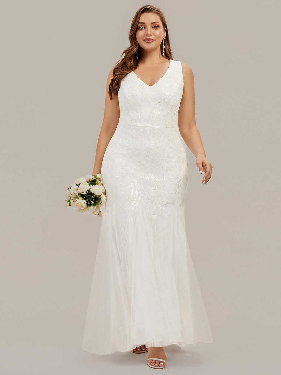 Robe sirène sans bretelles col en V haute élasticité bas asymétrique à sequins avec patchwork floral #Couleur_Blanc