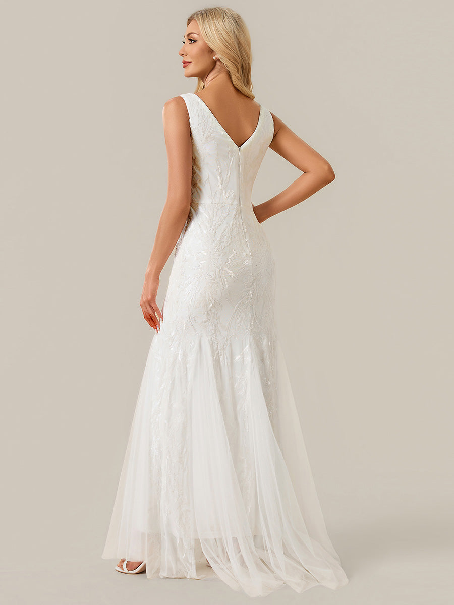 Robe sirène sans bretelles col en V haute élasticité bas asymétrique à sequins avec patchwork floral #Couleur_Blanc