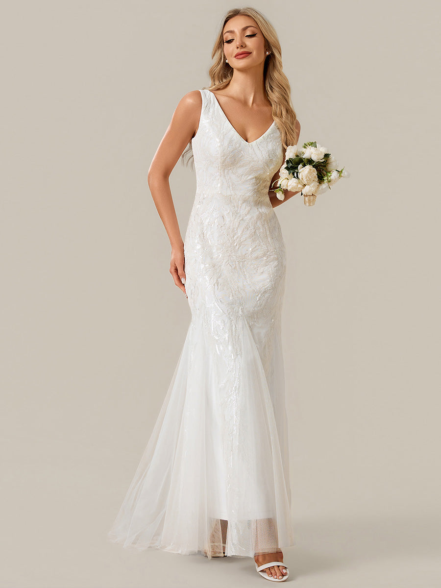 Robe sirène sans bretelles col en V haute élasticité bas asymétrique à sequins avec patchwork floral #Couleur_Blanc