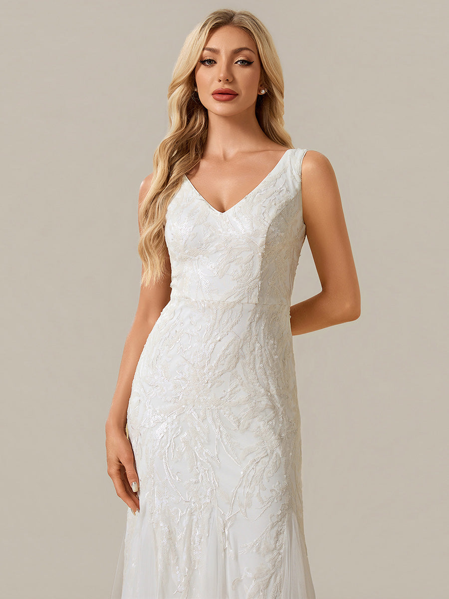 Robe sirène sans bretelles col en V haute élasticité bas asymétrique à sequins avec patchwork floral #Couleur_Blanc