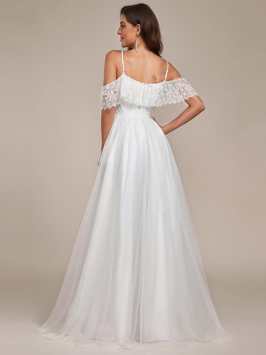 Bretelles Spaghetti Épaule Froide Robe De Mariée En Dentelle Haute Basse #Couleur_Creme