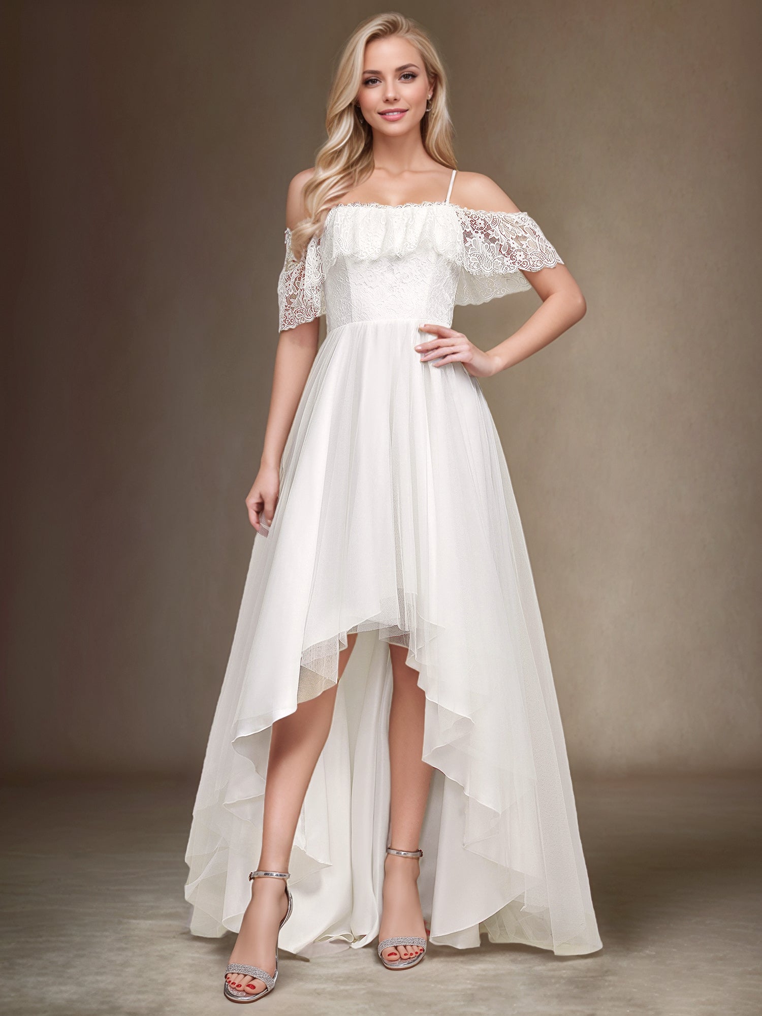Bretelles Spaghetti Épaule Froide Robe De Mariée En Dentelle Haute Basse #Couleur_Creme