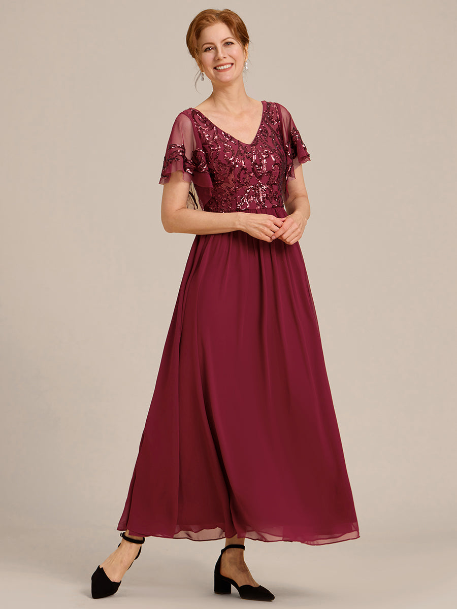 Robe Mère de la Mariée en mousseline à manches courtes et encolure en V #Couleur_Bordeaux