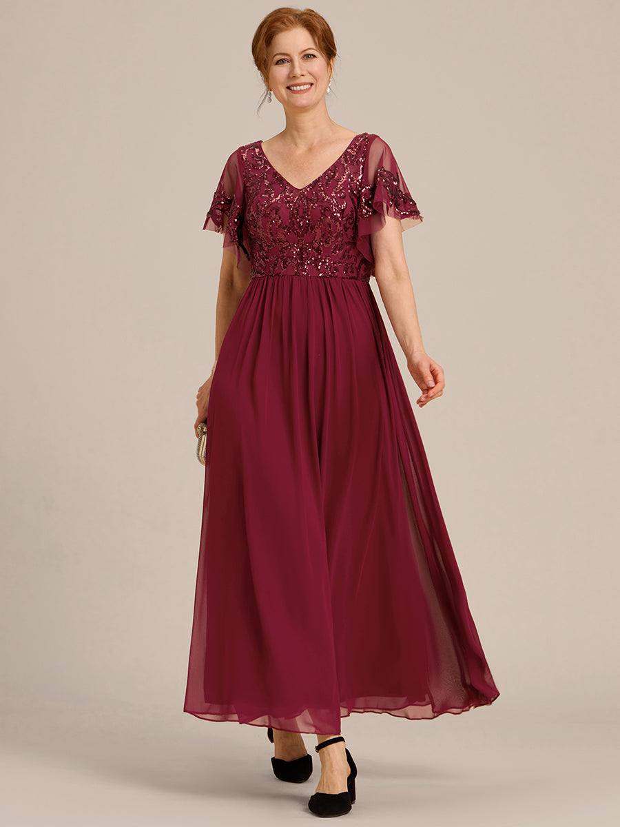 Robe Mère de la Mariée en mousseline à manches courtes et encolure en V #Couleur_Bordeaux