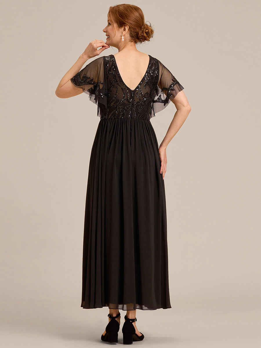 Robe Mère de la Mariée en mousseline à manches courtes et encolure en V #Couleur_Noir
