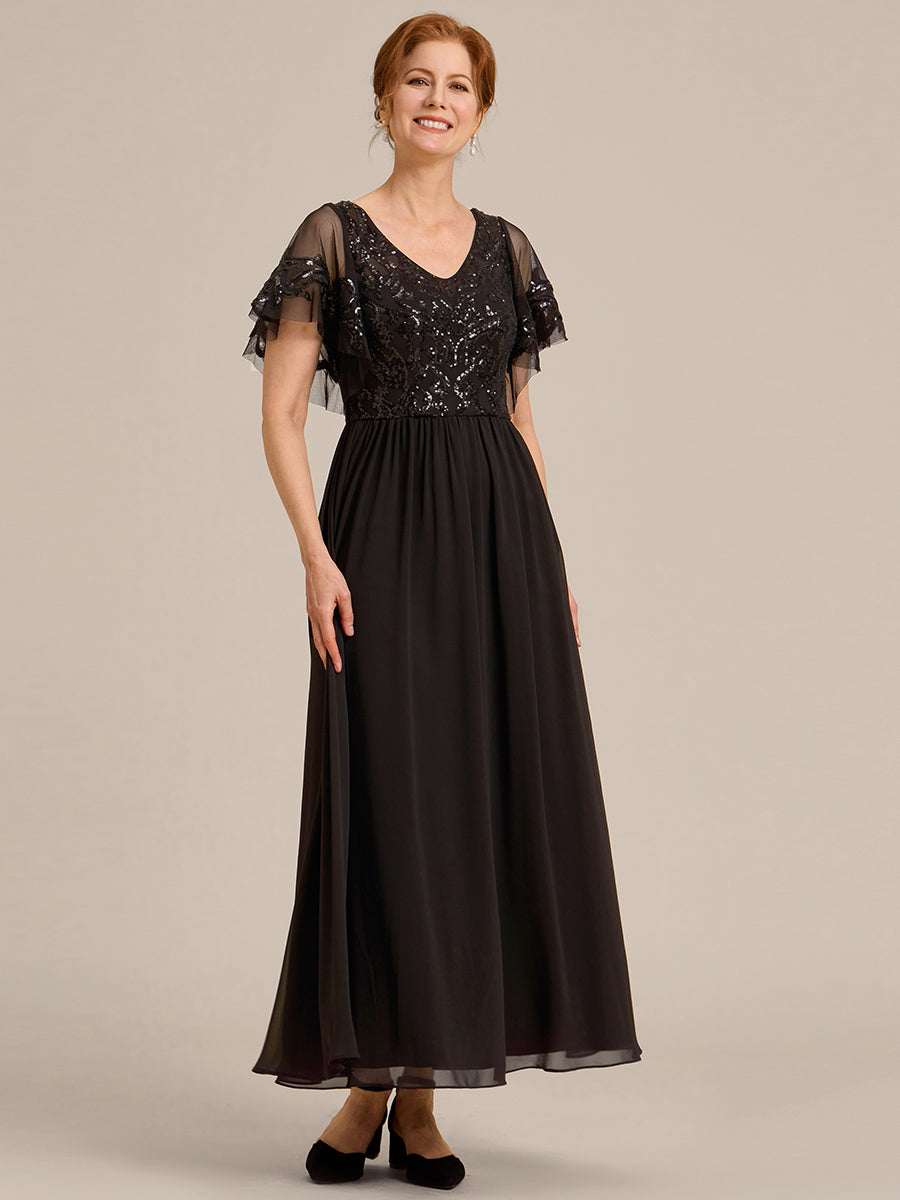 Robe Mère de la Mariée en mousseline à manches courtes et encolure en V #Couleur_Noir