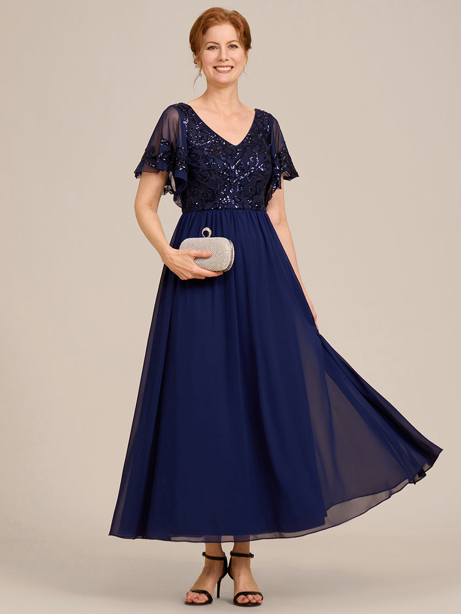 Robe Mère de la Mariée en mousseline à manches courtes et encolure en V #Couleur_Bleu Marine