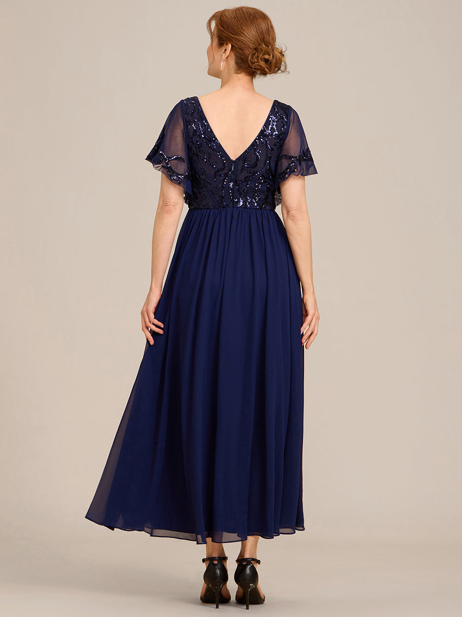 Robe Mère de la Mariée en mousseline à manches courtes et encolure en V #Couleur_Bleu Marine