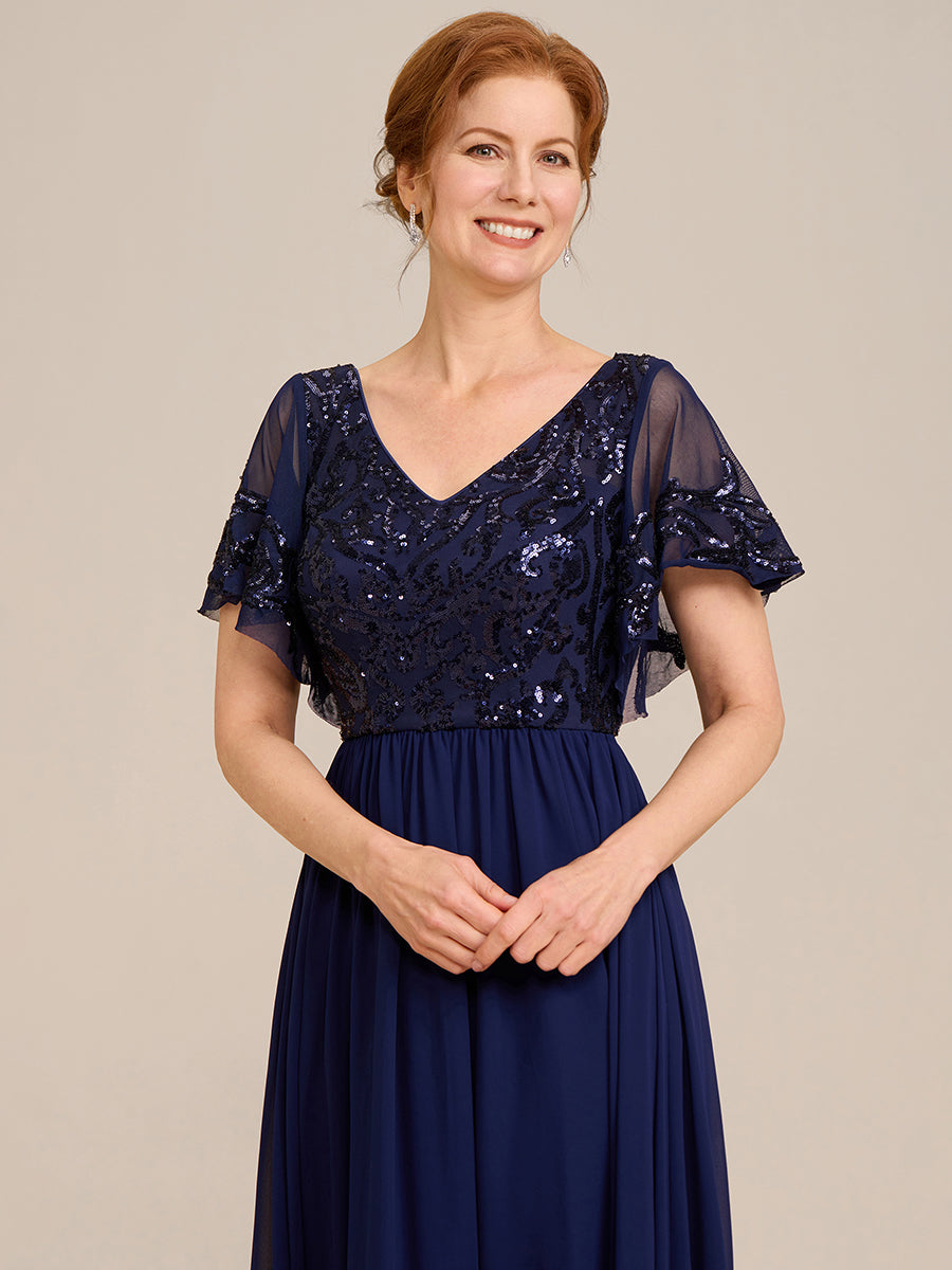 Robe Mère de la Mariée en mousseline à manches courtes et encolure en V #Couleur_Bleu Marine