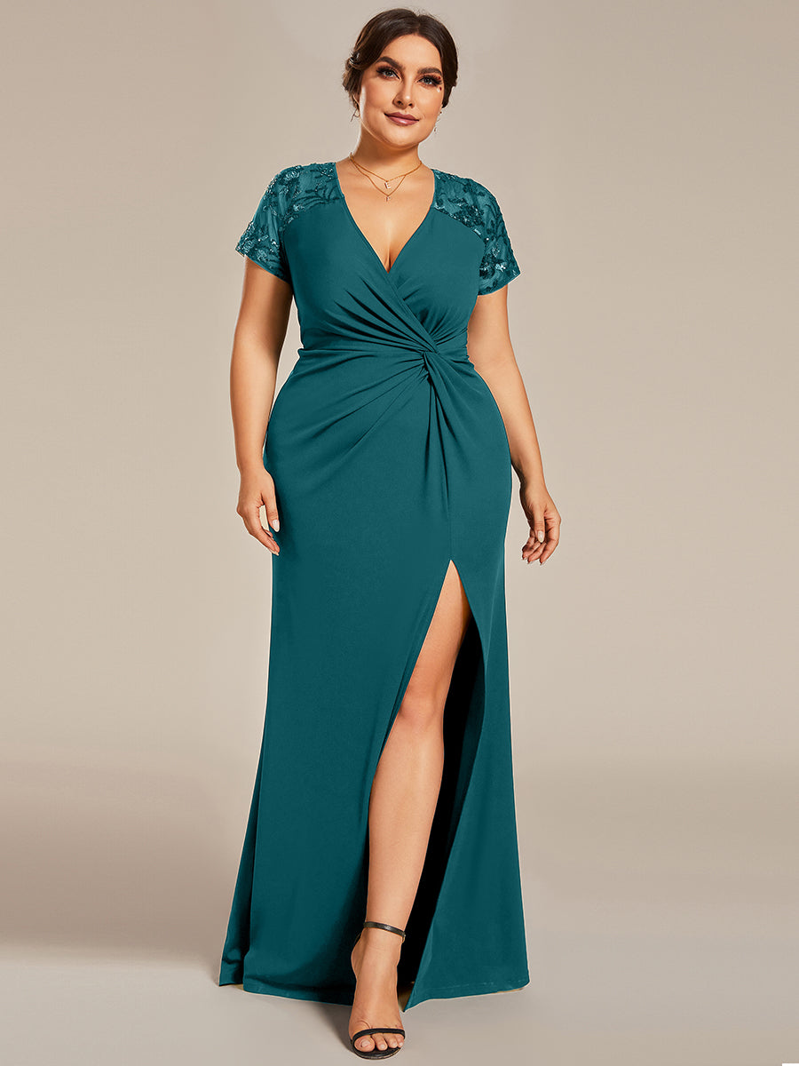 Robe Mère de la mariée Manches courtes Encolure V profonde Fente sur le devant #Couleur_Bleu Sarcelle
