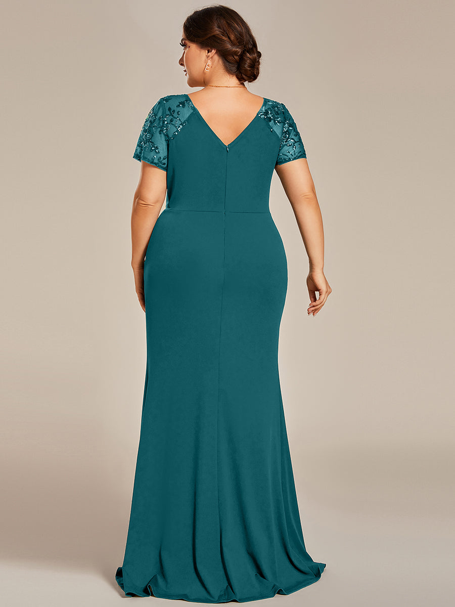 Robe Mère de la mariée Manches courtes Encolure V profonde Fente sur le devant #Couleur_Bleu Sarcelle