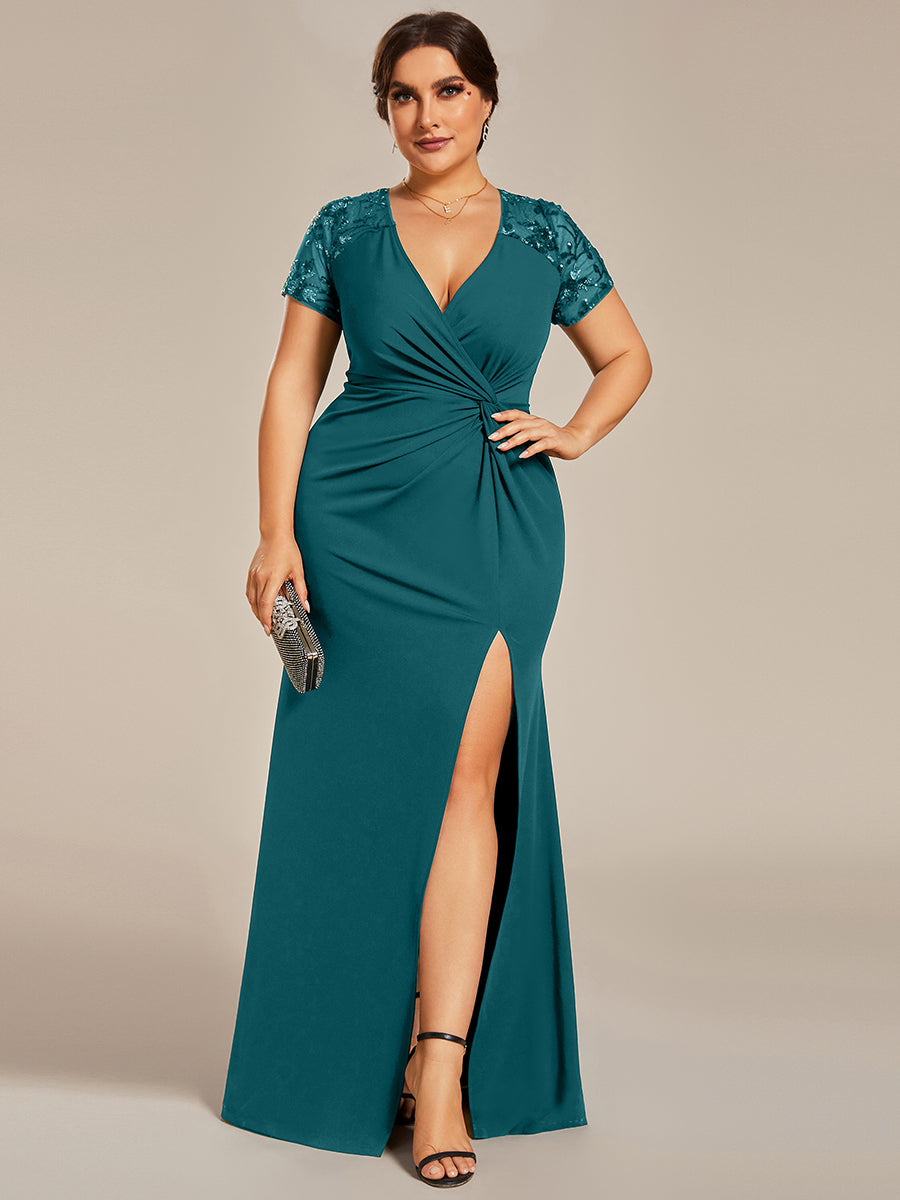 Robe Mère de la mariée Manches courtes Encolure V profonde Fente sur le devant #Couleur_Bleu Sarcelle