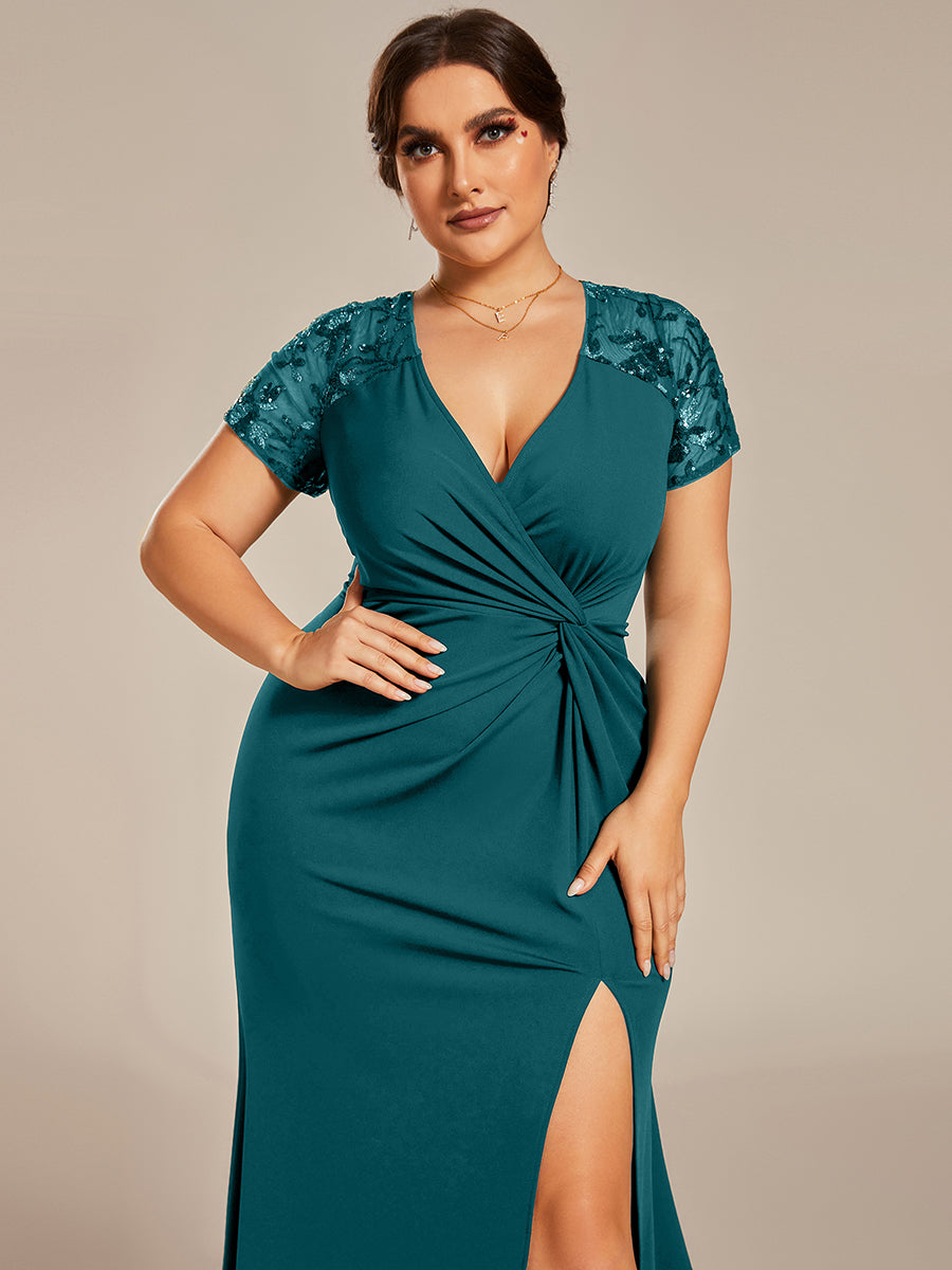 Robe Mère de la mariée Manches courtes Encolure V profonde Fente sur le devant #Couleur_Bleu Sarcelle