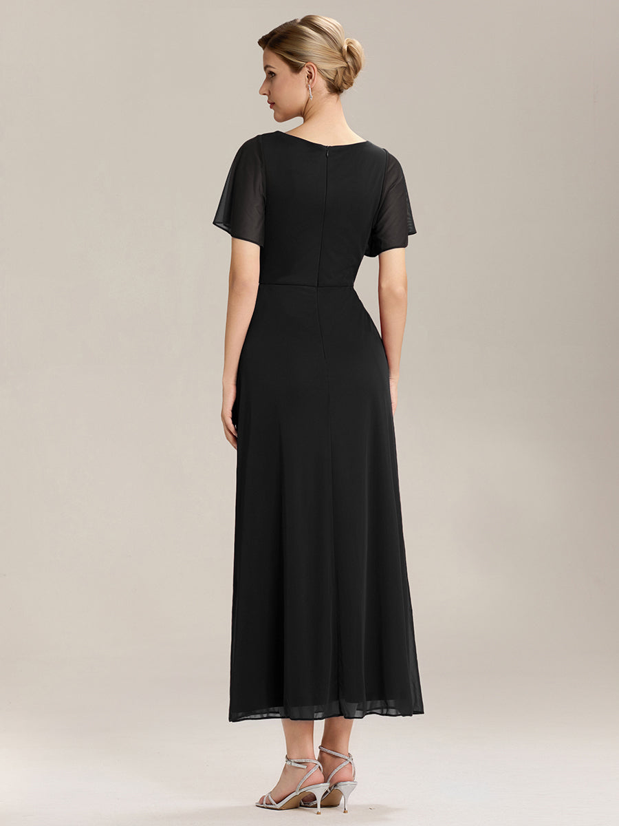 Robe D'invité De Mariage En Mousseline De Soie Mi-Longue Plissée à Manches à Volants Et Col En V  #Couleur_Noir