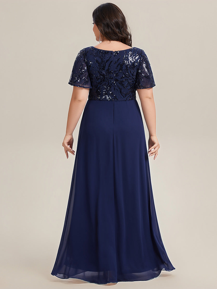 Robe longue A ligne à manches courtes avec volants en sequins et fente haute pour grandes tailles #Couleur_Bleu Marine