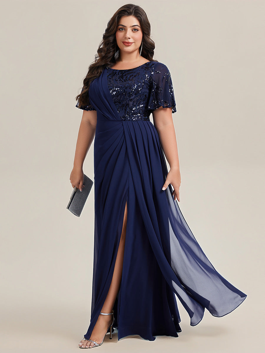 Robe longue A ligne à manches courtes avec volants en sequins et fente haute pour grandes tailles #Couleur_Bleu Marine