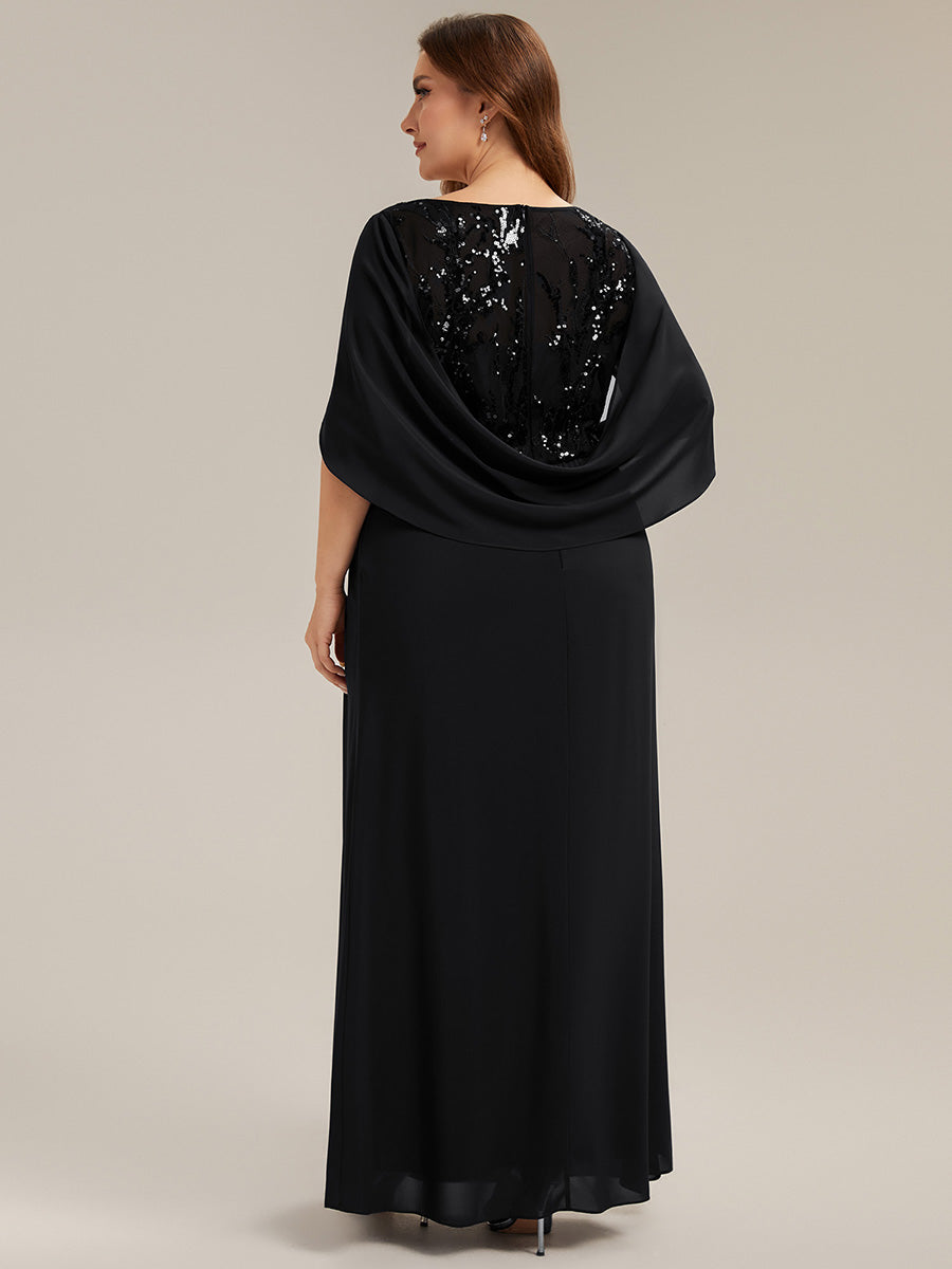 robe longue à encolure drapée à manches mi-longues et taille cintrée #Couleur_Noir
