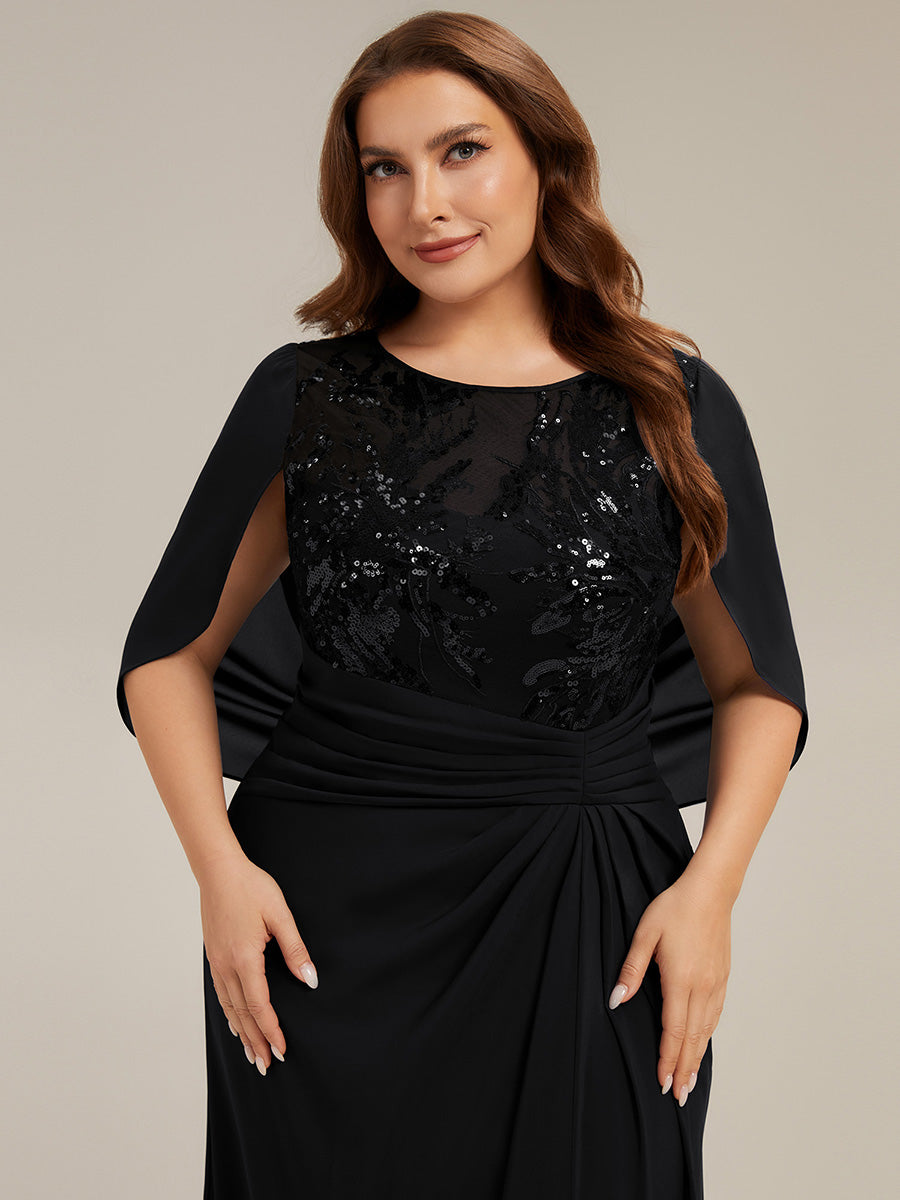 robe longue à encolure drapée à manches mi-longues et taille cintrée #Couleur_Noir