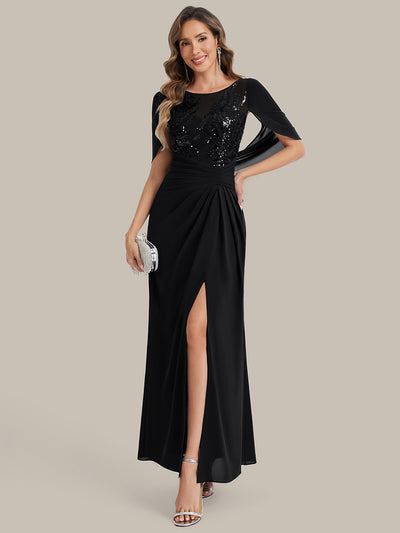 Robe longue à encolure drapée à manches mi-longues et taille cintrée